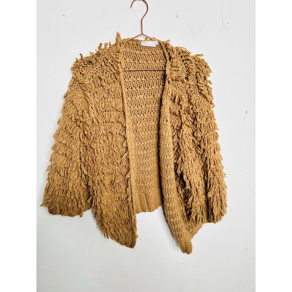LUSH Anthropology Tan Loop Shaggy Fringe Open Style Cardigan size Medium/ Large - Picture 2 of 12